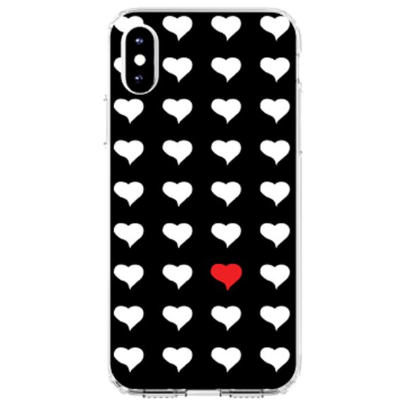 DistinctInk Clear Shockproof Hybrid Case for iPhone XS Max (6.5" Screen) - TPU Bumper, Acrylic Back, Tempered Glass Screen Protector - Red White Black Repeating Hearts