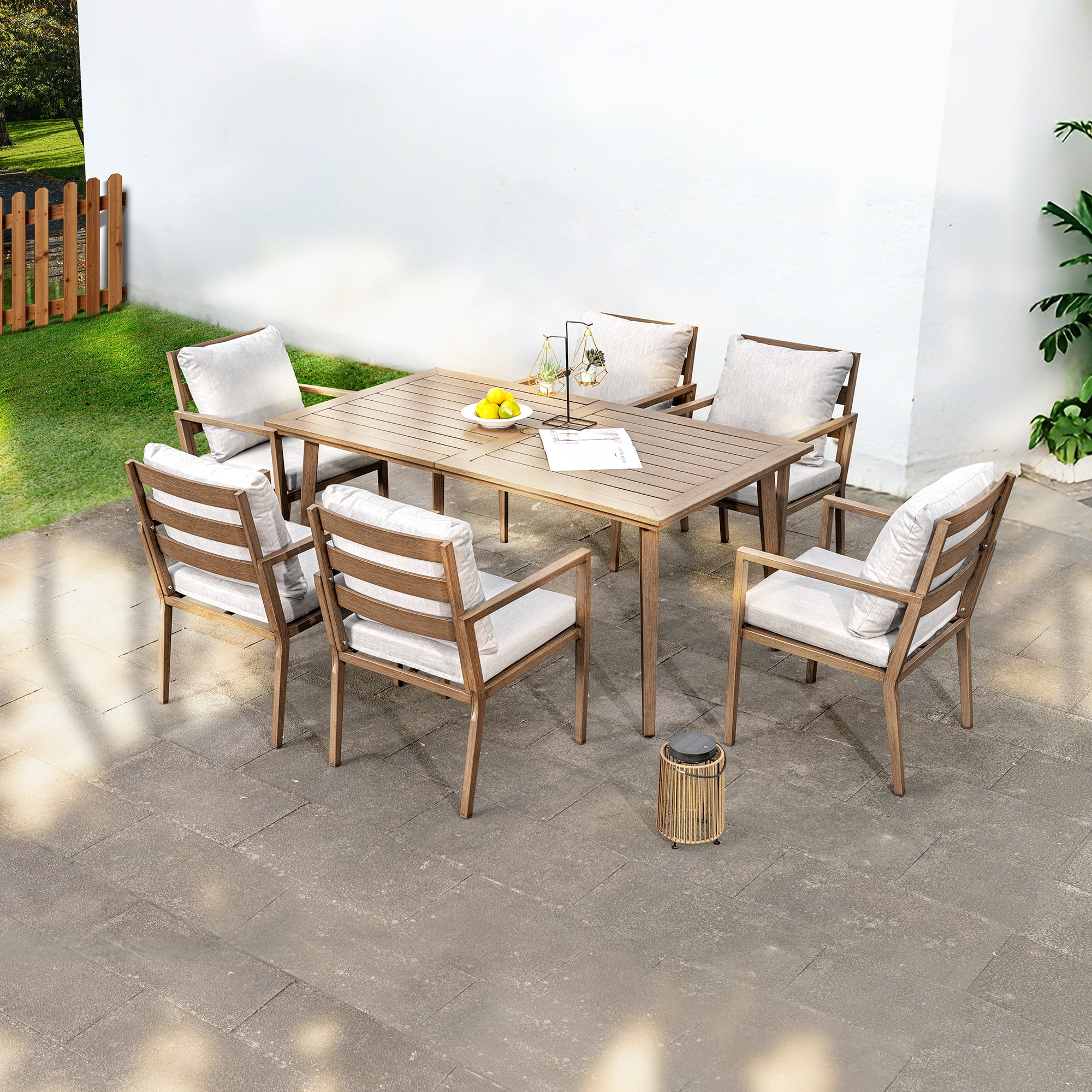 HAPPATIO Outdoor Dining Set, 7-Piece Patio Aluminum Dining Set with Wood-Like Hand-Painted Finish, 6 Chairs with Waterproof Cushions, Easy Assembly for Backyard, Garden, Porch