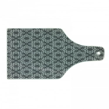 Grey and White Cutting Board, Moroccan Star Pattern Traditional Tile Symmetrical Motifs, Decorative Tempered Glass Cutting and Serving Board, Wine Bottle Shape, Charcoal Grey White, by Ambesonne