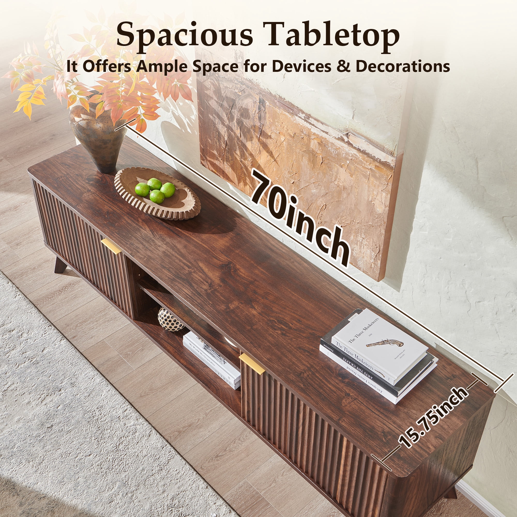 KeyWhat 70" TV Stand with 2 Soft Close Door, Modern Entertainment Center Console Table, Media Furniture for Living Room, Dark Walnut