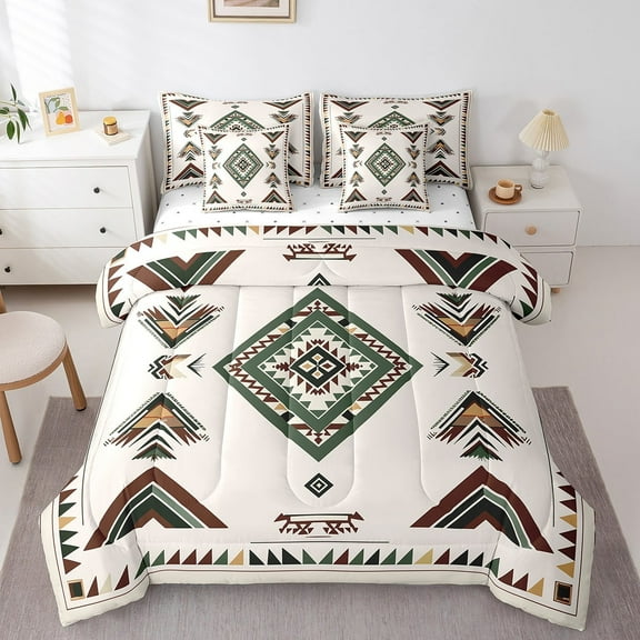 Western 7 Piece Comforter Set Full Bed in a Bag,Geometric Aztec Bedding Sets,Southwestern Sheet Set with Comforter Vintage Arrow Bed Set,Tribal Geometry Western Home Decor
