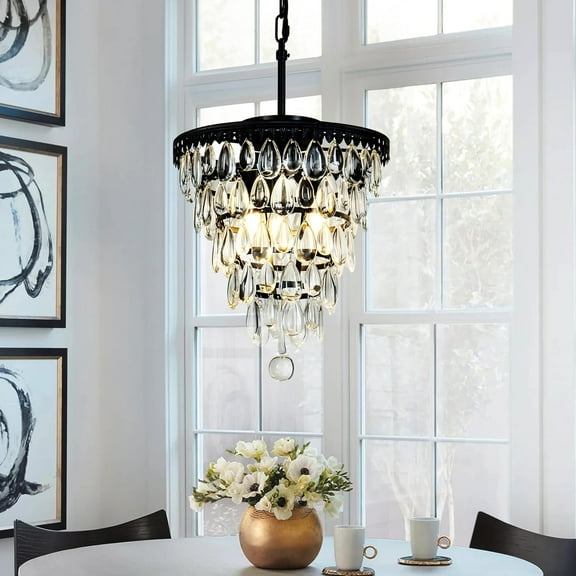 3-Light Antique Crystal Chandelier Vintage 5 Tiers Tear Drops Flush Mount Ceiling Light Interior Decor Small Lighting Fixture for Living Room, Bed Room W12 inched (Black)