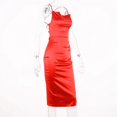 thumbnail image 5 of Women Neon Satin Sexy Bodycon Elegant Backless Long Dress for Cocktail Party Clubwear Lace-up Strap Red S, 5 of 5