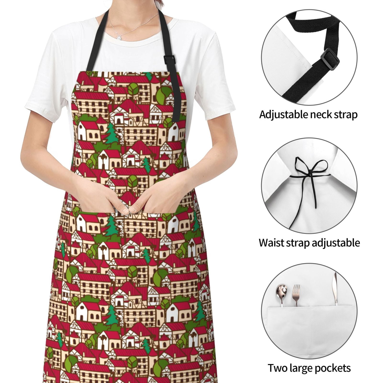 Kdxio Red Houses Apron with Pockets Adjustable Kitchen Aprons for Men Women Waterproof Aprons for Cooking,Drawing,Crafting, Baking Household Cleaning