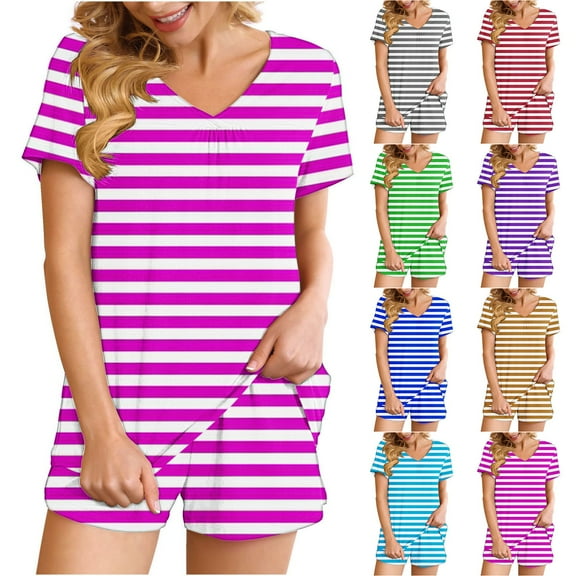 Fashion 2 Piece Sets for Women Summer Plus Size Striped Casual Home Two-piece V-neck Top With Pocket Shorts Set
