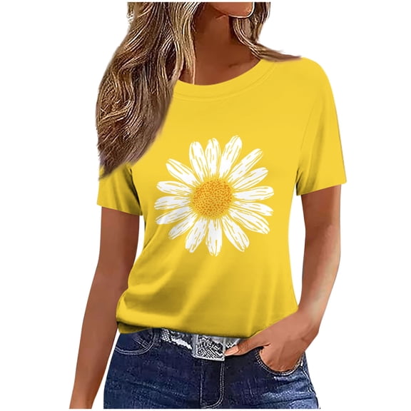Htigea Women's Sunflower T-Shirts Cute Short Sleeve Crew Neck Tops Casual Loose Fit Tees Yellow S
