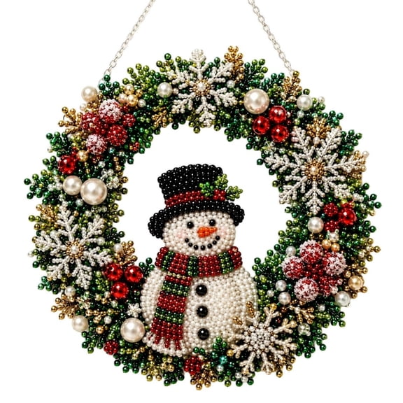 Christmas Pearl Wreath Kits for Adults, 9.8in Snowman Snowflake Pearl Wreath Making Supplies with LED Lights, 5D Christmas Pearl Art Adult Crafts for Front Door, Wall & Holiday Home Decor by XSAOP