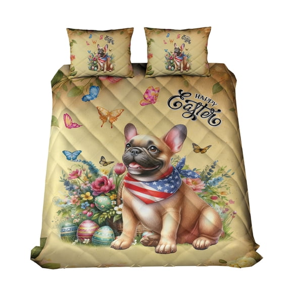 French Bulldog Celebrates Spring and Enjoys a Happy Easter Quilt Bedding Set Dog Lover Gifts 1 Blanket Bed Cover 2 Pillowcases - 02001