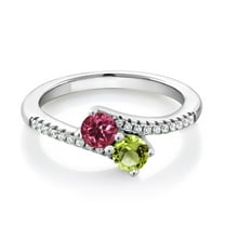 Gem Stone King 925 Sterling Silver Pink Tourmaline and Green Peridot Bypass Ring for Women (0.79 Cttw, Gemstone October Birthstone, Round 4MM, Available in Size 5, 6, 7, 8, 9)
