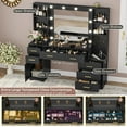 thumbnail image 4 of Makeup Vanity Desk with Lighted Mirror & Charging Stations & 6 Drawers Large Vanity Table Bedroom Dressing Table with Glass Tabletop&Side Cabinet&Glass Tabletop, Black, 4 of 8