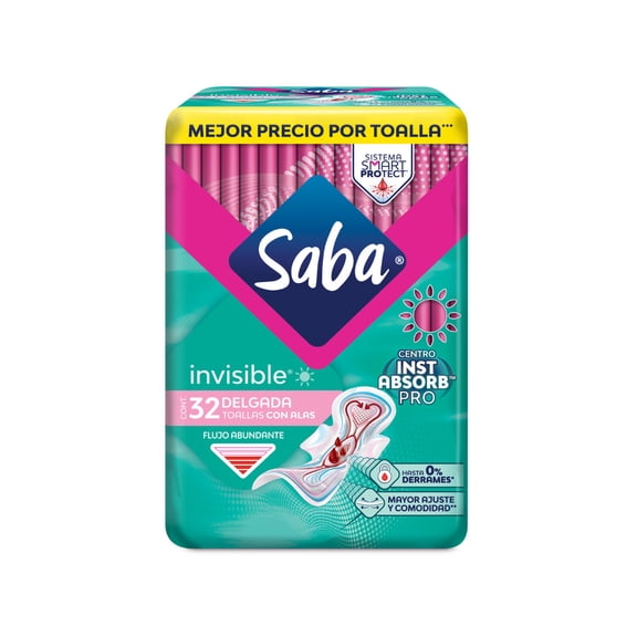 Toallas femeninas Saba Invisible delgada con alas flujo abundante 32 pzas