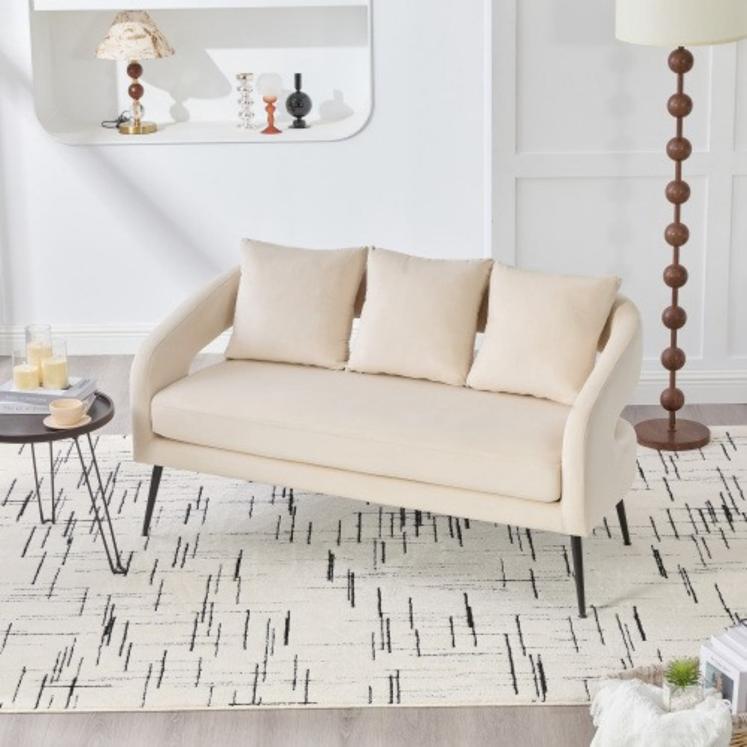 53.7" Modern Velvet Loveseat Sofa 2 Seater Upholstered Mini Couch with Open Back, Metal Legs and 3 Pillows for Living Room Bedroom Office Dorm Apartment, Beige