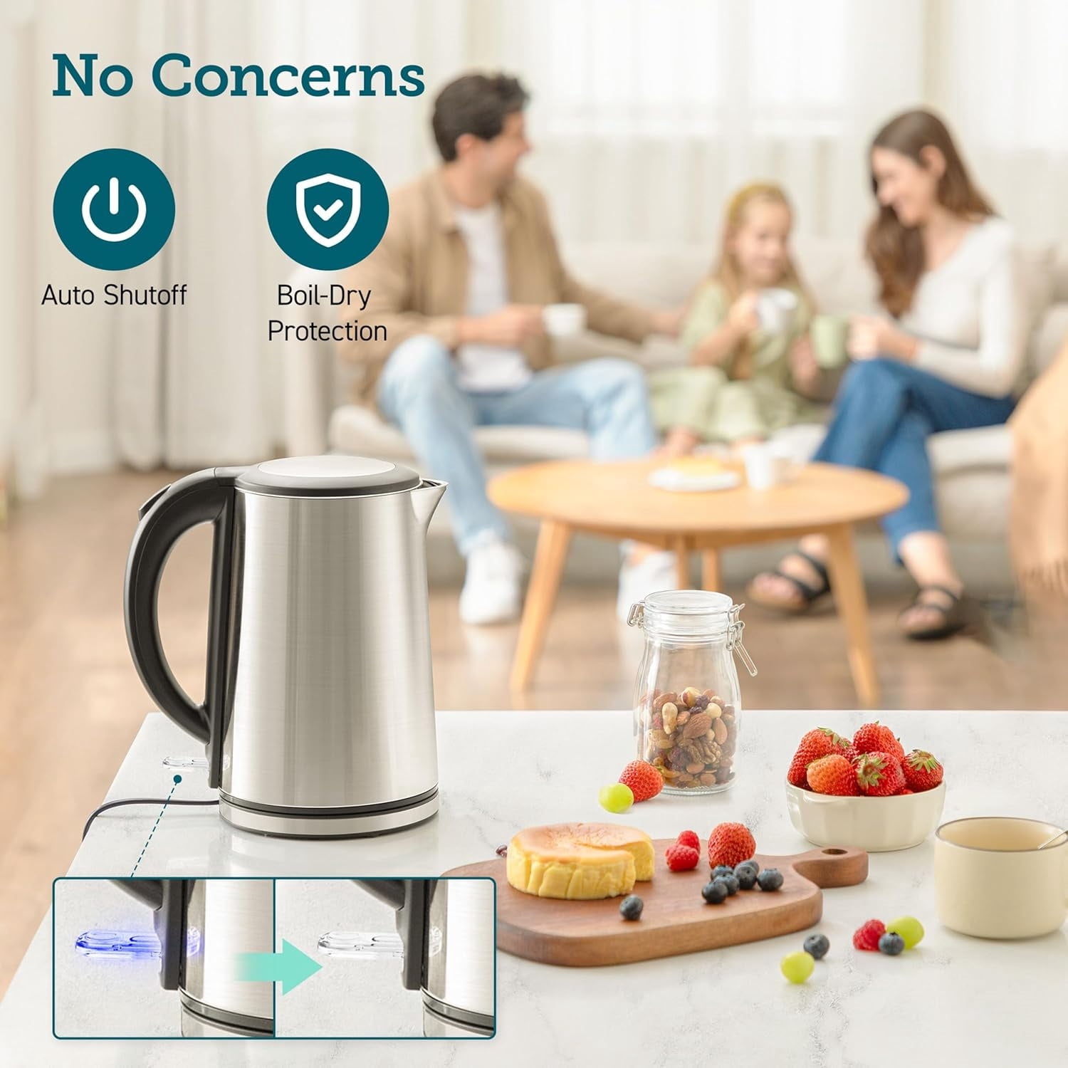 Electric Kettle, No Plastic Inner Lid, Filter and Spout, Double Wall Stainless Steel Keep Warm, Automatic Shut Off & Boil-Dry Protection, Durable Tea Kettle Boiler & Heater, 1.5L/1500W, Silver