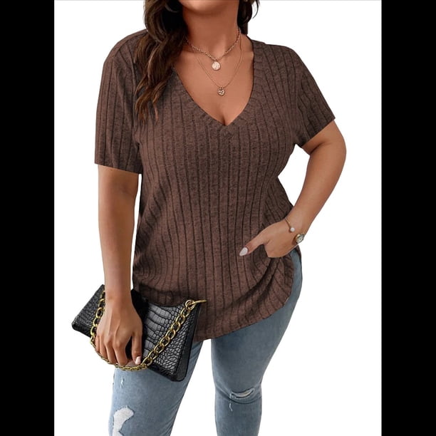 Blusas Casuales de Talla Grande para Mujer, Cuello en V, Color Liso, Ligeras y de Corta. Color Café 4XL