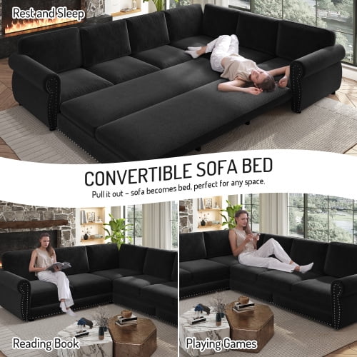 118" L-Shaped Sectional Sleeper Sofa with King Size Pull-Out Bed, Chenille Upholstered, Nailhead Trim & Rolled Arms, Black