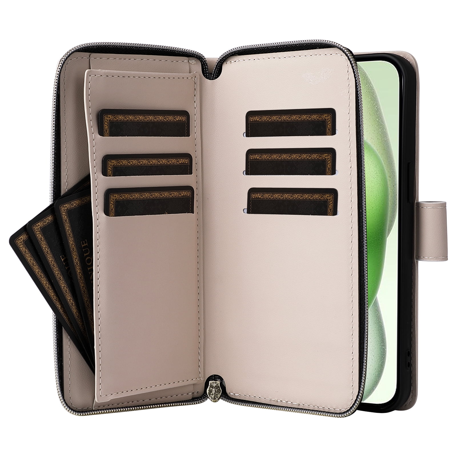 Allytechgroup Credit Card Slot RFID Blocking Shoulder Strap Lanyard Shockproof Leather Wallet Flip Stand Cell Phone Case for Apple iPhone 15, Beige