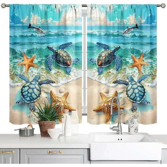 Beach Kitchen Curtains Ocean Sea Turtle Blackout Curtains Summer Short Tier Curtain Cafe Tier Curtains Decor for Living Dining Bathroom Room Seascape Hawaiian Theme 2 Panels Set 26"x 36"
