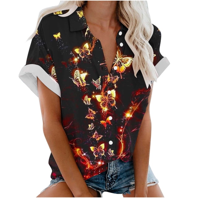 Blusa con estampado floral de manga corta con cuello en V para mujer OAVQHLG3B Store lin121212