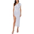 thumbnail image 1 of Vestido Maxi de Cóctel L Blanco con Un Hombro, Brillante, Metálico, Nudo en la Cintura y Abertura, 1 of 6