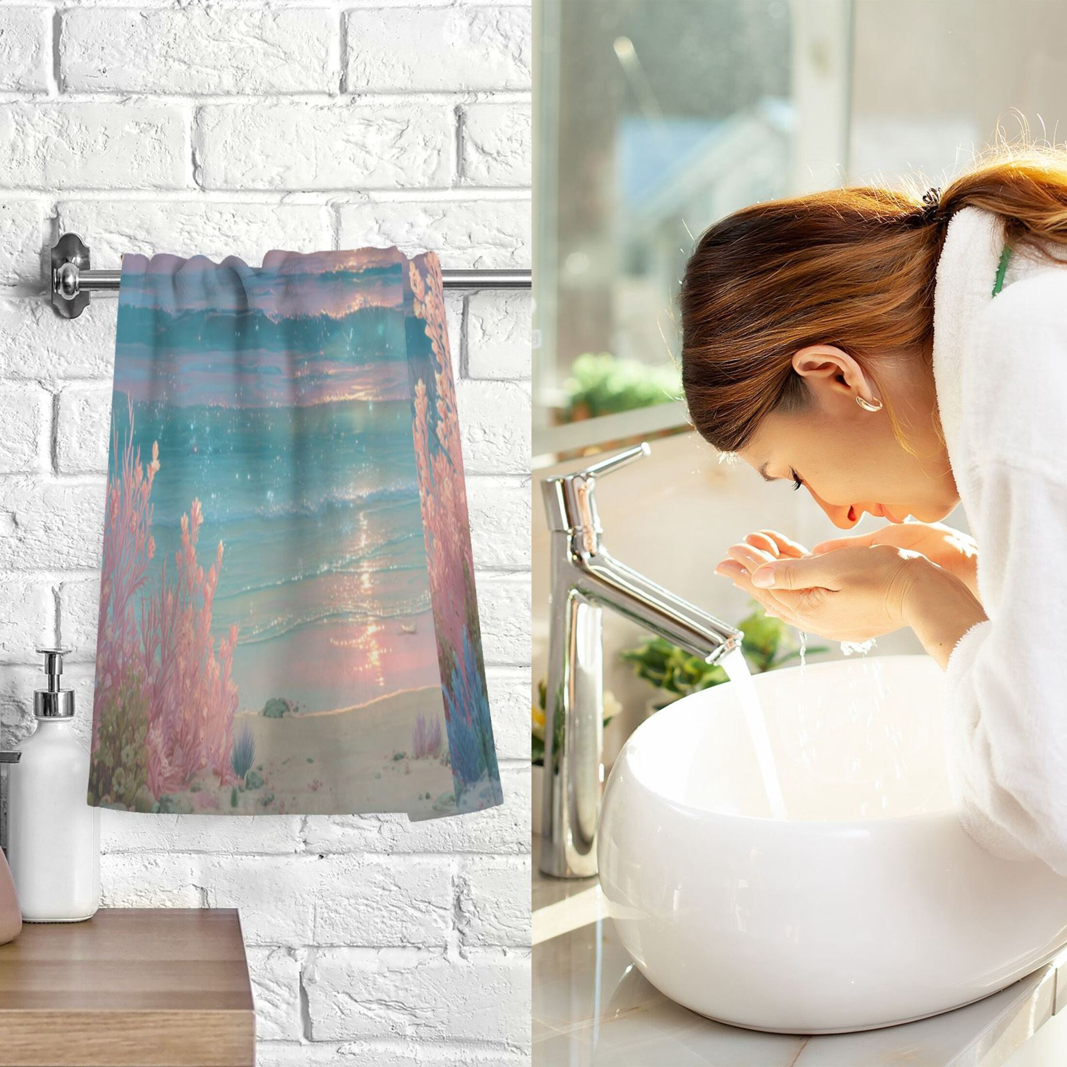 2 Pieces of Cotton Towel Face Towel Set Hand Towel Bath Towel Cotton Bath Towel Sets Tropical Beach Sunset