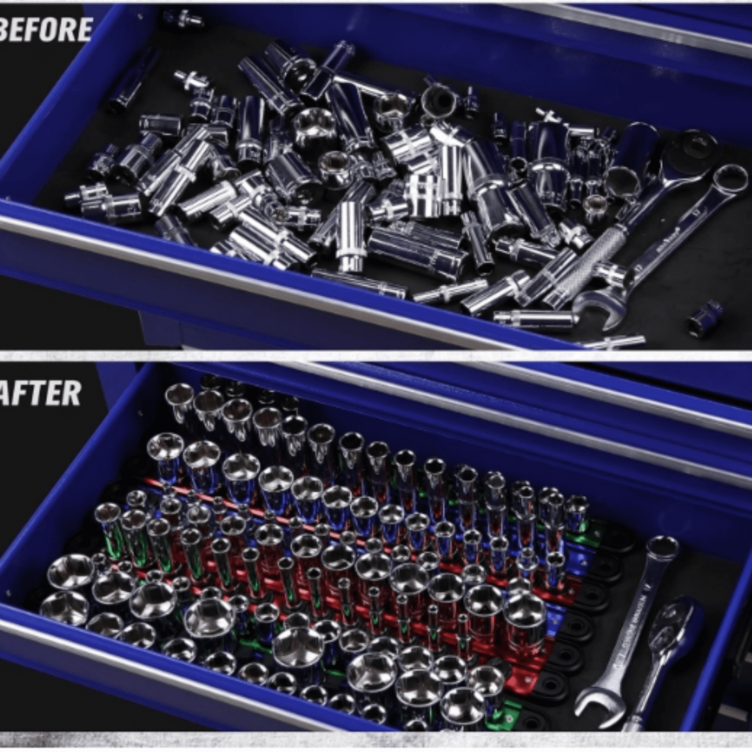 Magnetic Socket Holder Organizer Set: 9-Piece Detachable 1/4, 3/8, 1/2 Socket Trays Socket Organizer for Tool Box Drawer Holds 120-Piece Standard Size Sockets for Automotive Garage(Blue Red Green)