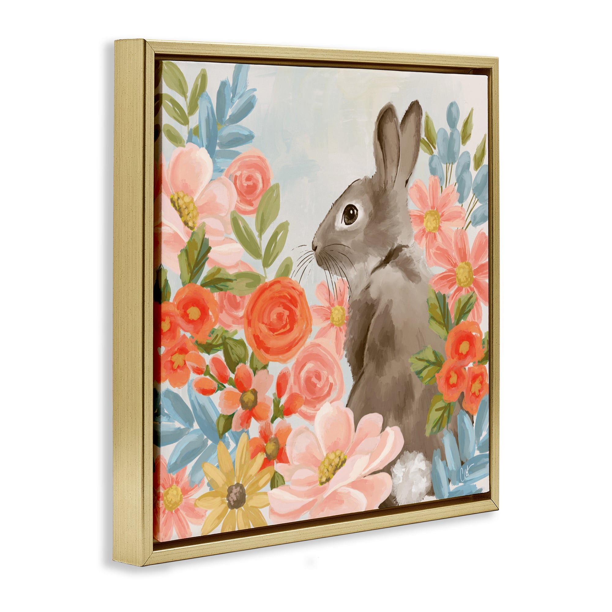 Stupell Industries Bunny In The Blooms Gold Framed Floater Canvas Wall Art, design by Cat Thurman Designs