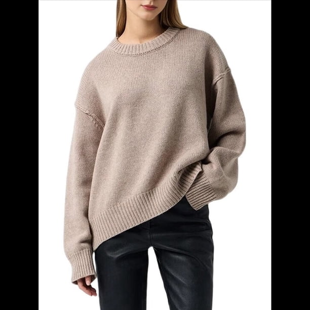 Suéter de Mujer, Cuello Redondo, Larga, Holgado, Tejido Suave, Dobladillo Acanalado, para Otoño e Invierno. Caqui Talla Única