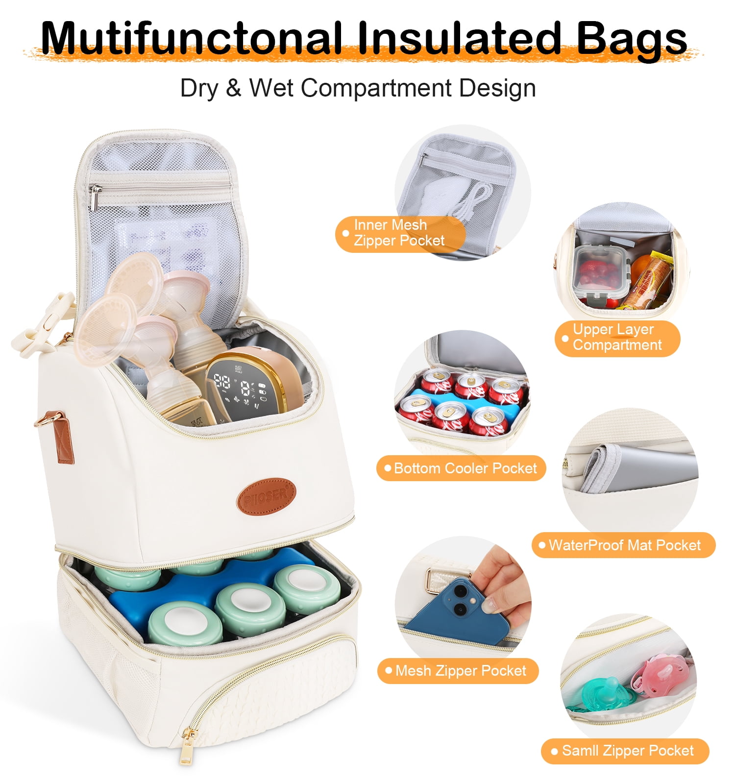 Breastmilk Cooler Bag with Ice Pack Fits 6 Baby Bottles Up to 9 Ounce, Insulated Baby Bottle Tote Bags, Double Layer Waterproof Leak-Proof with Shoulder Strap for Nursing &Working Mom