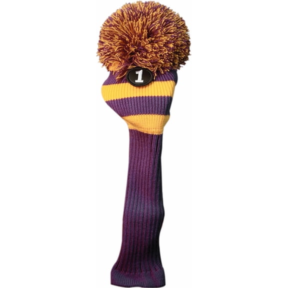 Majek #1 460cc Driver Purple & Yellow Golf Headcover Knit Pom Pom Retro Classic Vintage Head Cover