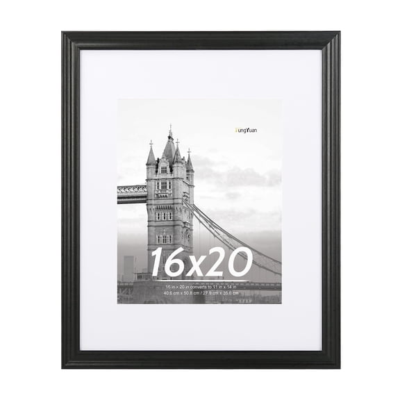 FungYuan 16x20 Picture Frame Black, Matted to 11x14 Photo Frame, Wall Hanging Poster Frame for Photos, Prints, and Artwork