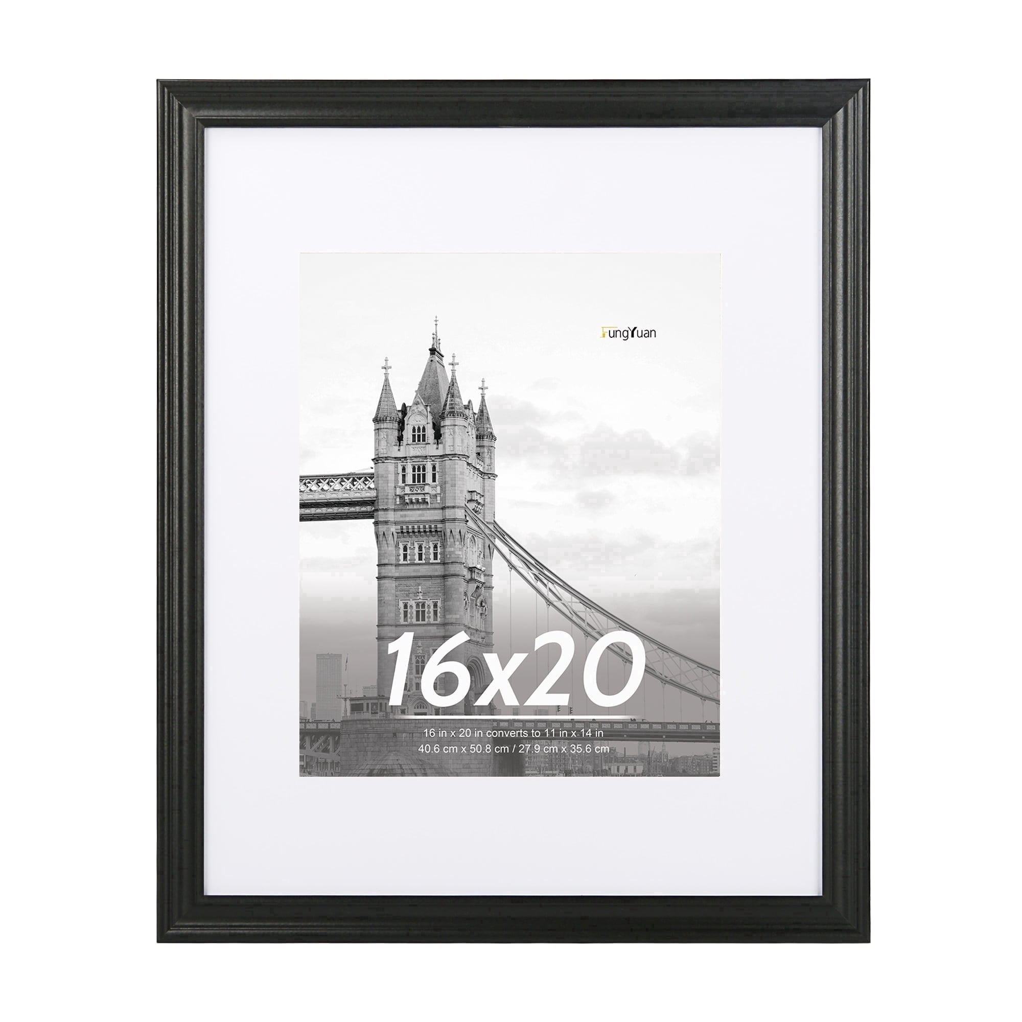 FungYuan 16x20 Picture Frame Black, Matted to 11x14 Photo Frame, Wall Hanging Poster Frame for Photos, Prints, and Artwork
