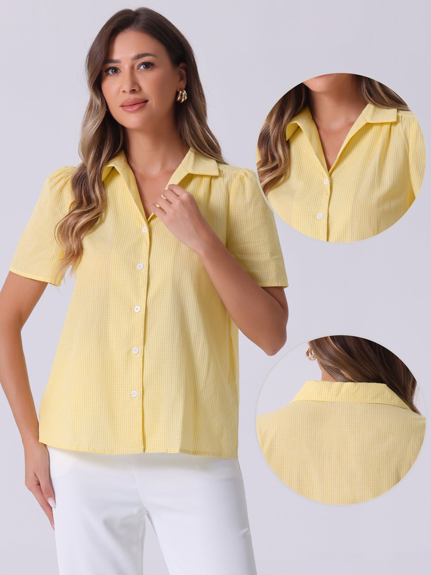 DARING DIVA Women's Plaid Puff Sleeves Gingham Blouse Shirt XS Yellow
