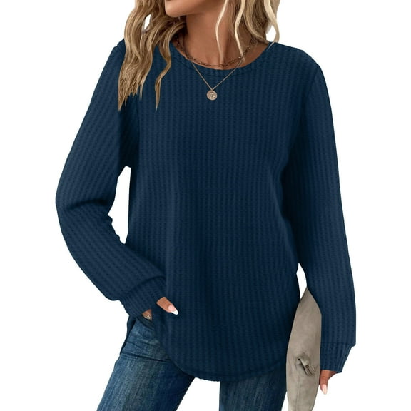 Tops for Women Plus Size Round-Neck Long Sleeve Casual Blouse Sweater Womens Blouse Navy XL