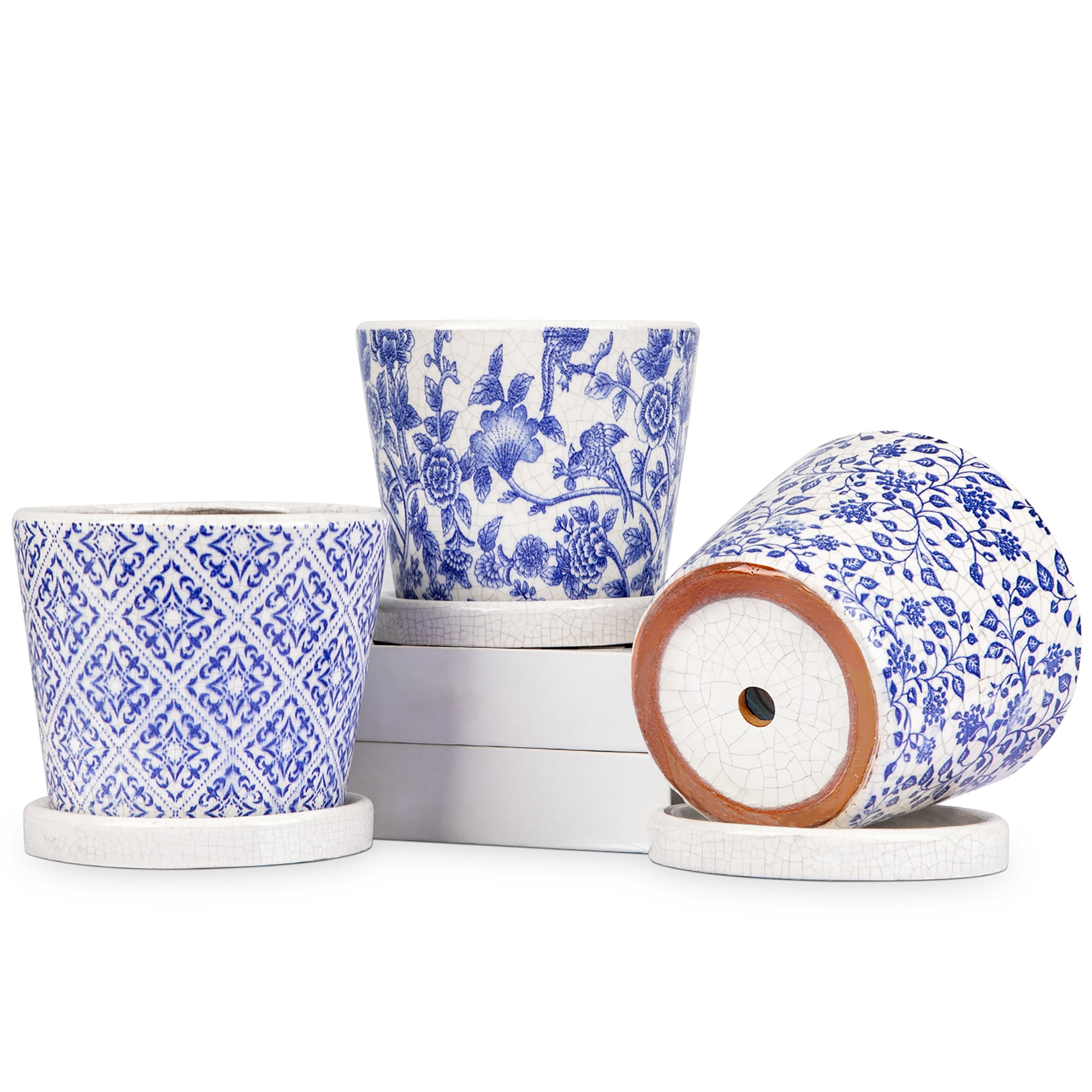Set of 3 Decorative Plant Pots Blue and White Flower Pot, Round Ceramic Planters for Indoor Plants Pots with Drainage Hole Saucers, Retro Planter Pot for Succulents Cactus Outdoor Garden, 5.5/5.7 Inch