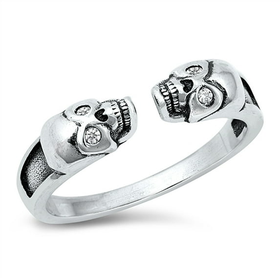 All in Stock Sterling Silver Clear Cubic Zirconia Twin Skull Ring Size 7