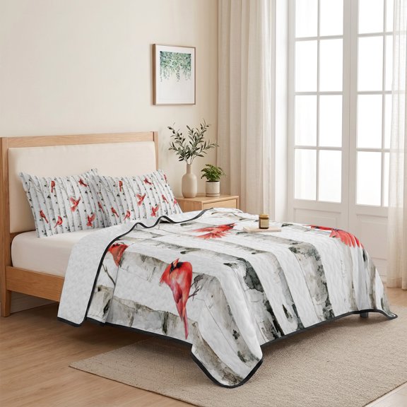 Country Red Birds Pattern 3 Pieces Quilt Set,1 Quilt with 2 Shams,Retro Trees Background Bedspread Soft Lightweight Bedding Coverlet Comforter Set for All Season 68"x98"