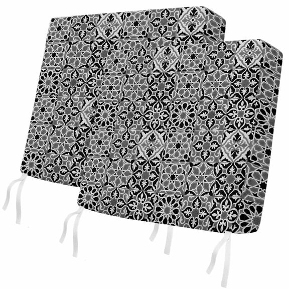 Outdoor Patio Cushion Covers 2 Pack Black Floral Block Chair Pads Slipcovers with Ties & Zipper Waterproof Seat Cover Set Geometric Morocco Art Seat Cushion Covers for Outdoor Couch Sofa 24x24 Inch