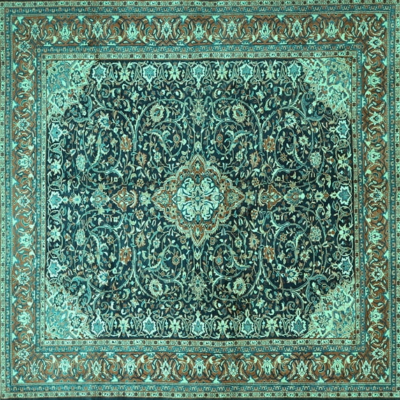 Ahgly Company Machine Washable Indoor Square Medallion Turquoise Blue Traditional Area Rugs, 8' Square