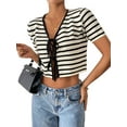 thumbnail image 2 of Cardigan d'Été Rayé à Lacets pour Femmes Mode Manches Courtes Tricoté Abricot G, 2 of 8