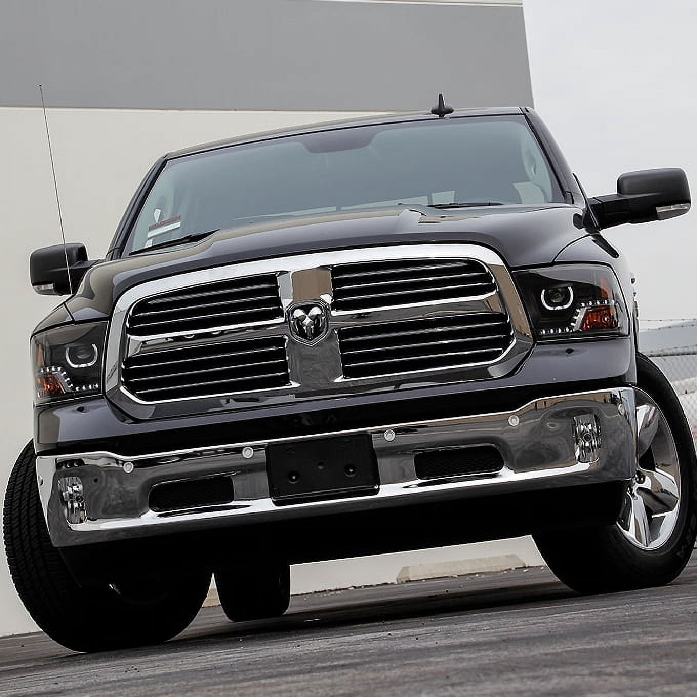 AKKON - For 2009-2018 Dodge Ram 1500 2500 3500 LED Angel Eye Projector Black Pair Headlights Headlamps Housing
