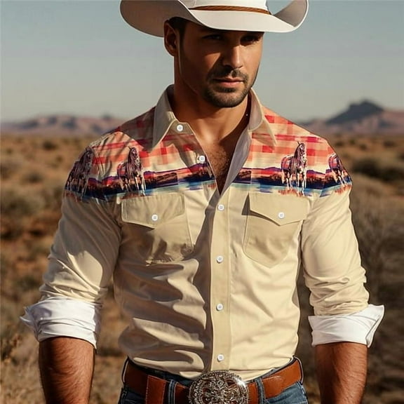 DCDany Western Cowboy Shirts For Men Retro Print Long Sleeve Shirt Lapel Collar Button Down Shirts Khaki L