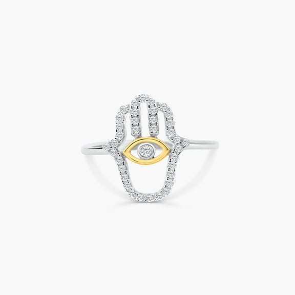 925 Gold Plated Sterling Silver 2 Toned Hamsa Hand Clear CZ Ring Band White Female Size 8