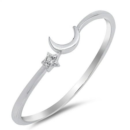Clear CZ Cute Thin Crescent Moon Star Ring .925 Sterling Silver Band Size