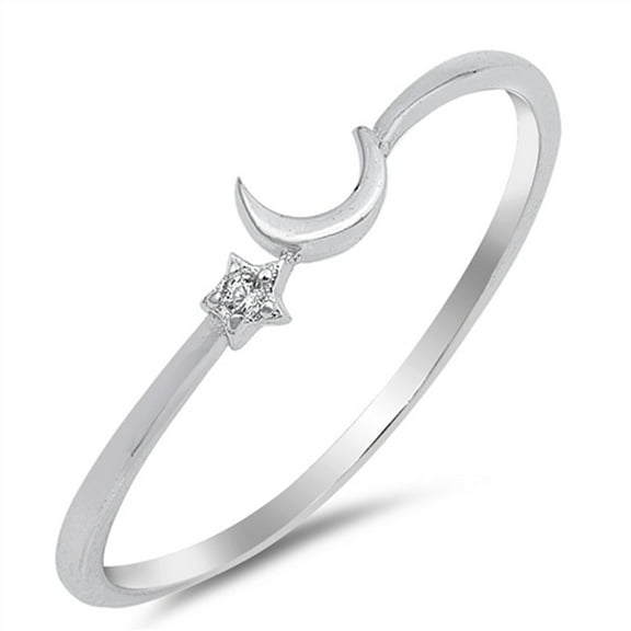 Cute Thin Crescent Moon Star Space Sterling Silver Ring White CZ 925 Jewelry Female Size 9