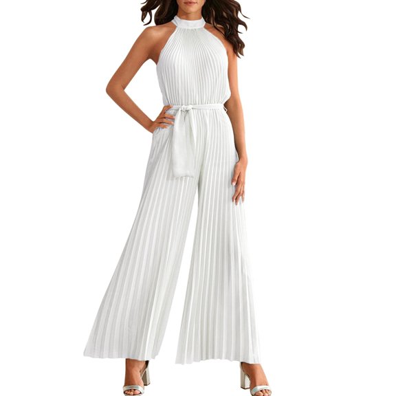 Women's Elegant Chiffon Jumpsuit Sleeveless High Waisted Wide Leg Party Romper With Pockets Stylish Semi Formal Overalls