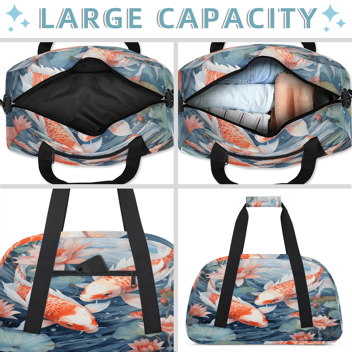 Herdesigns Colorful Carp Lotus Leaf Sports Duffle Bag for Women & Men, Japanese Art Gym Bag Dance Bag Overnight Bag Carry On Weekender Travel Bag