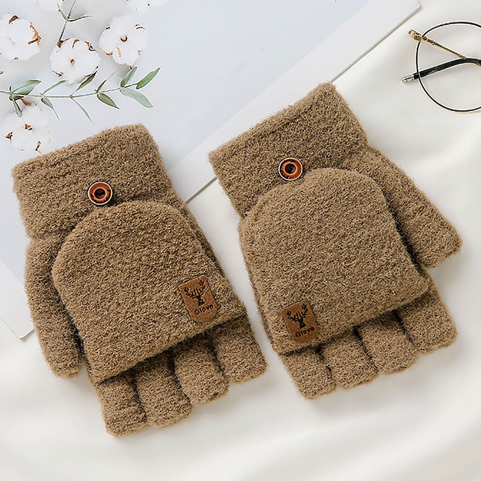 Brown Gloves Mittens Winter Knitted Fingerless Gloves Thermal