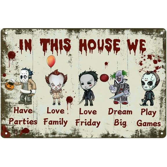 Horror Movies Movie Lover Gifts - Vintage Tin Signs Decor, Horror Gifts for Women, Men, Fans, Room Windows Door Decor, In This House We Love 7.8 x 11.8inch