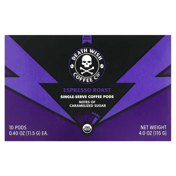 Death Wish Coffee, Organic and Fair Trade, Espresso Roast, Single-Serve Coffee Pods, 10 ct