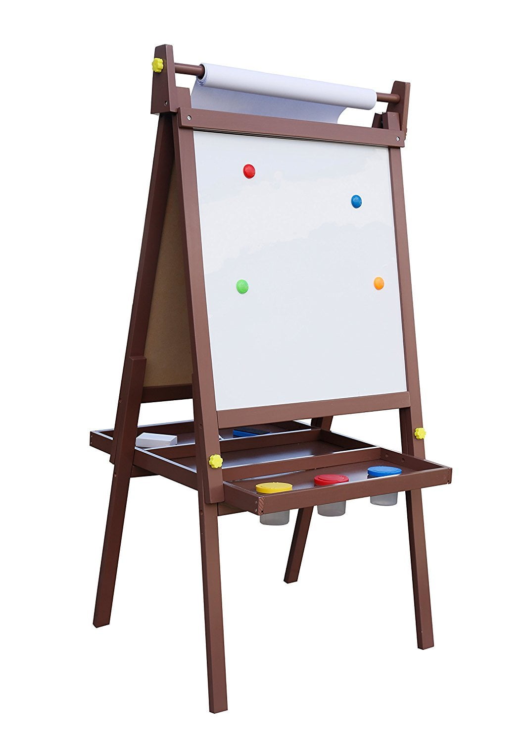 Pidoko Kids Standing Art Wooden Easel Espresso Magnetic Dry Erase Board Chalk Board And Paper Roller 2 Sided A Frame With Storage Compartment And Paint Cups Art Station For Boys